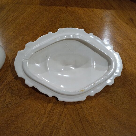 Vintage Oval White Gold Covered Bowl Lidded Candy Trinket Dish Ceramic Pottery - Picture 14 of 16